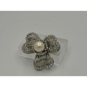 Sparkling Rhinestone‎ Bow Brooch w/ Pearl – 1.75"